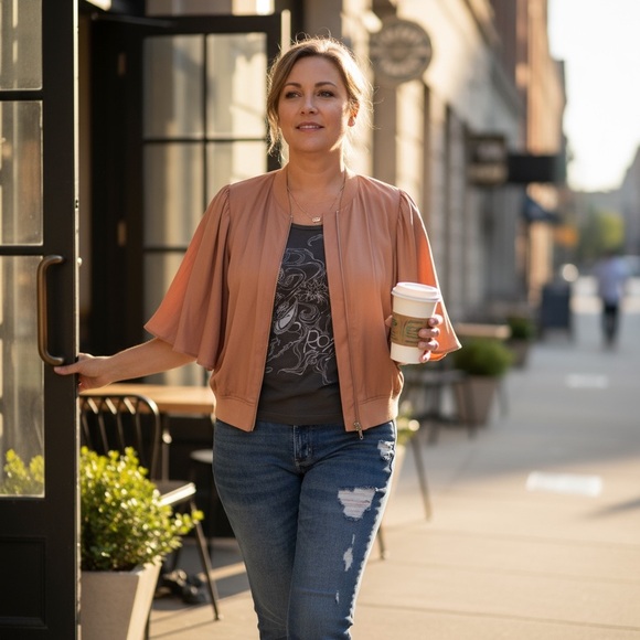 Eva Longoria Zip Front Batwing Jacket Dusty Rose Holiday Layer size Large - Picture 15 of 16